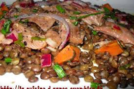 Salade de lentilles vertes aux raisins frais et canard confit 