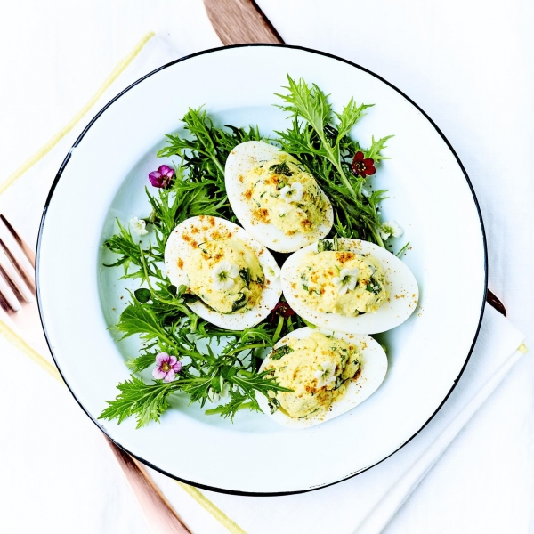 Œufs farcis au chèvre et herbes fraîche